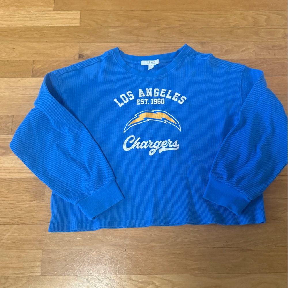 Women's WEAR by Erin Andrews Blue Los Angeles Chargers Waffle Knit Long Sleeve - Picture 2 of 7